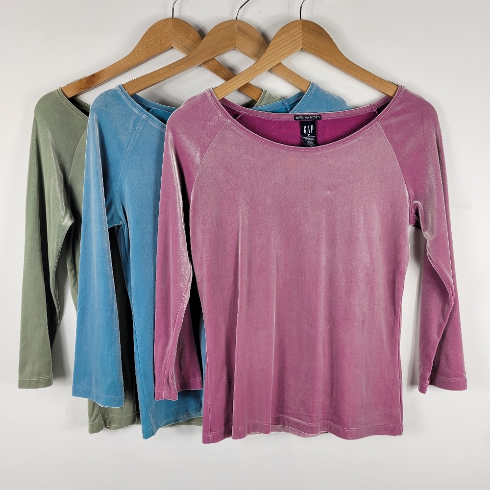 Vintage Y2K Gap Stretch Velvet Velour 3/4 Sleeve Boatneck Top Lot of 3